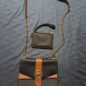 Michael Kors Dark Brown And Tan Crossbody Bag with Gold Accents With Wallet